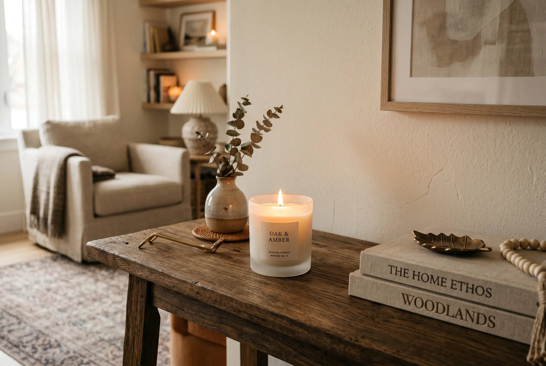 Bougie parfumée artisanale PHLAME dans un intérieur chaleureux
