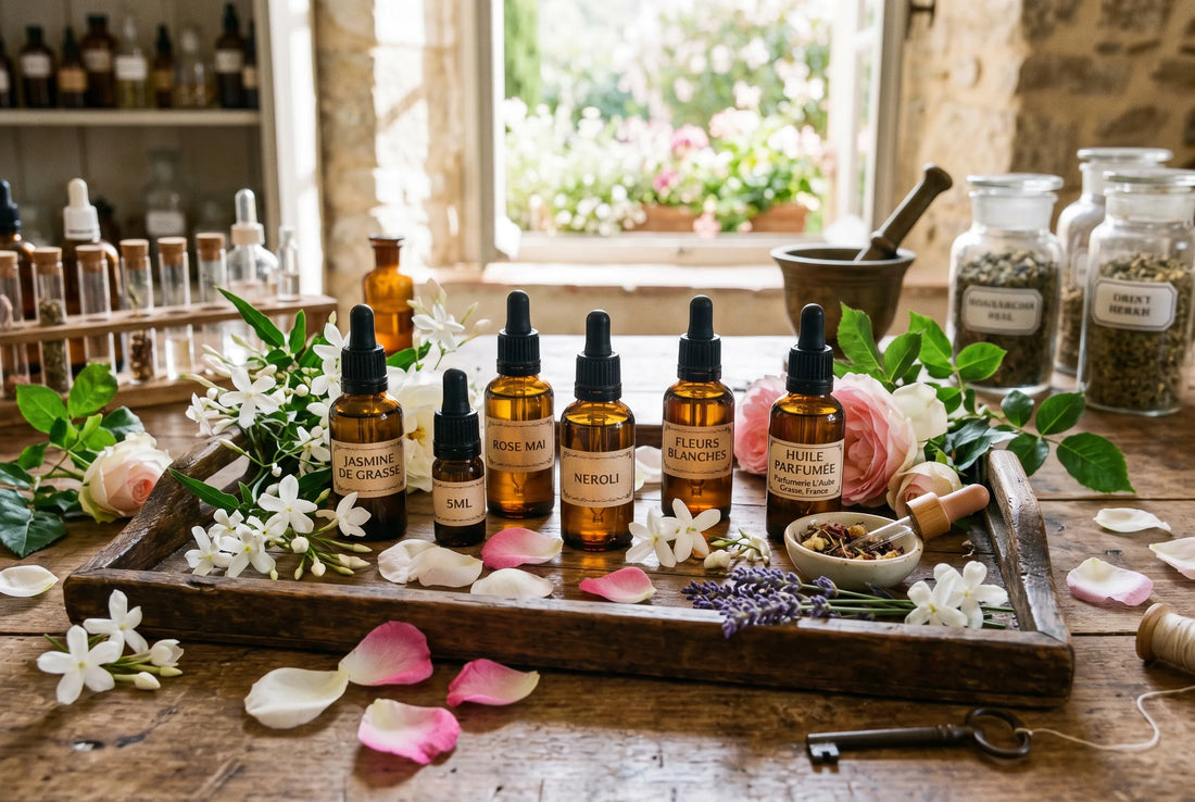 Flacons de parfums de Grasse et fleurs pour bougies PHLAME