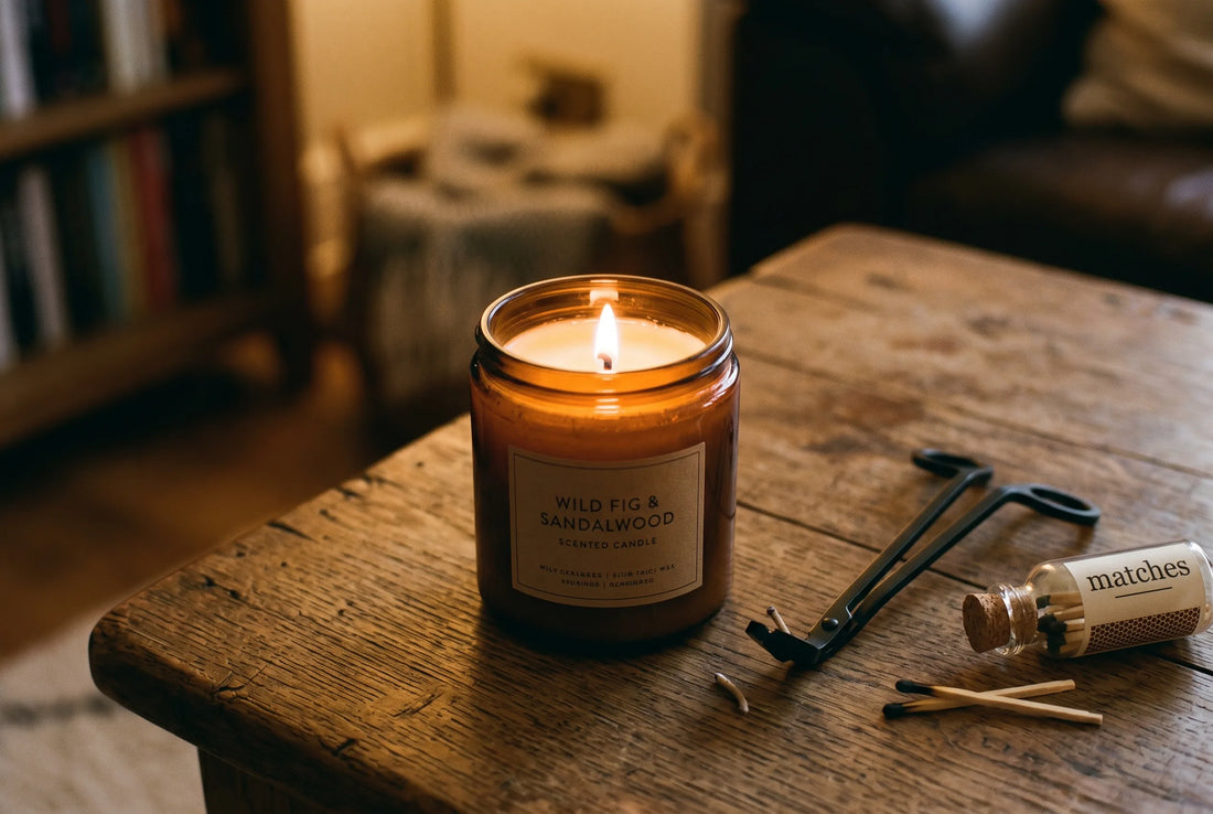 Bougie parfumée PHLAME allumée avec mèche bien taillée