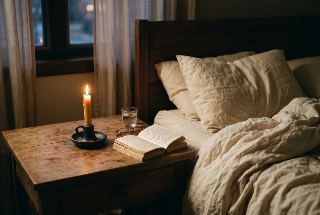 Bougie parfumée PHLAME sur une table de chevet, chambre apaisante