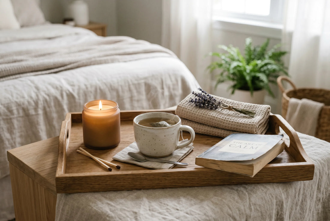 Rituel bien-être avec bougie parfumée PHLAME et tasse de thé